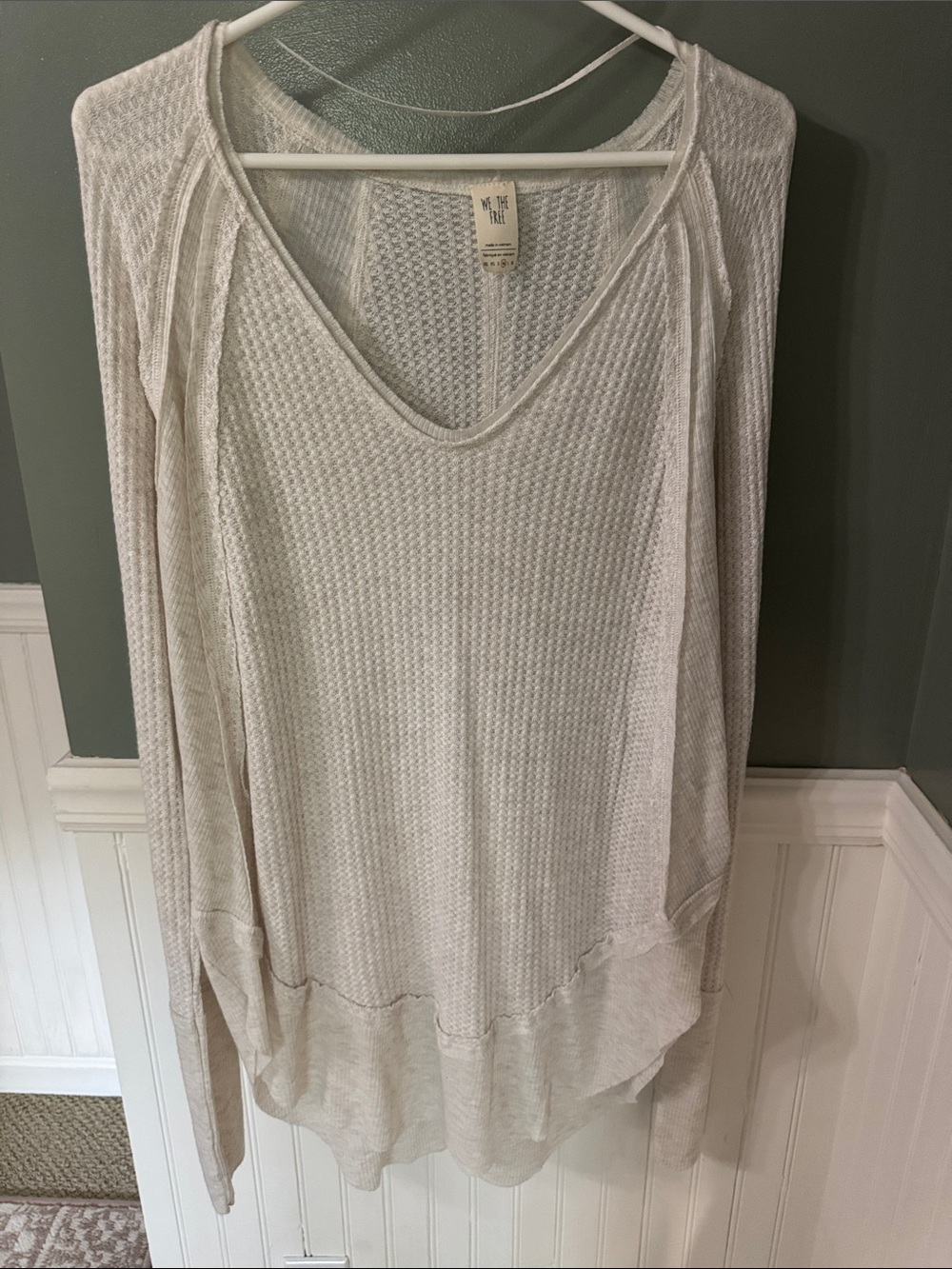 We The Free Ivory Waffle Knit V-Neck Top Oatmeal Heather NWT